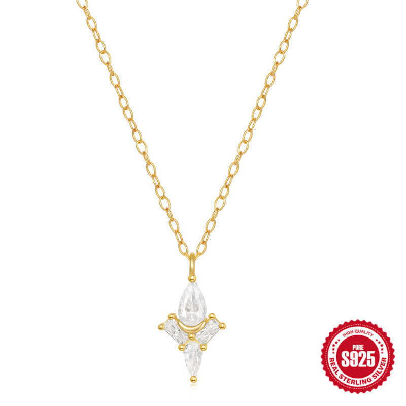 New S925 Sterling Silver Geometric Inlaid Diamond Super Shiny Water Drop Zircon Elegant Collarbone Chain European and American Hot-Selling Creative Necklace