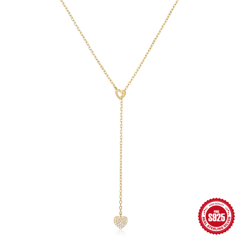 S925 Sterling Silver Fashion Personality Y-shaped Collarbone Chain European and American Hot-selling Ins Double Heart Necklace for Women with Inlaid Diamonds Collarbone Necklace