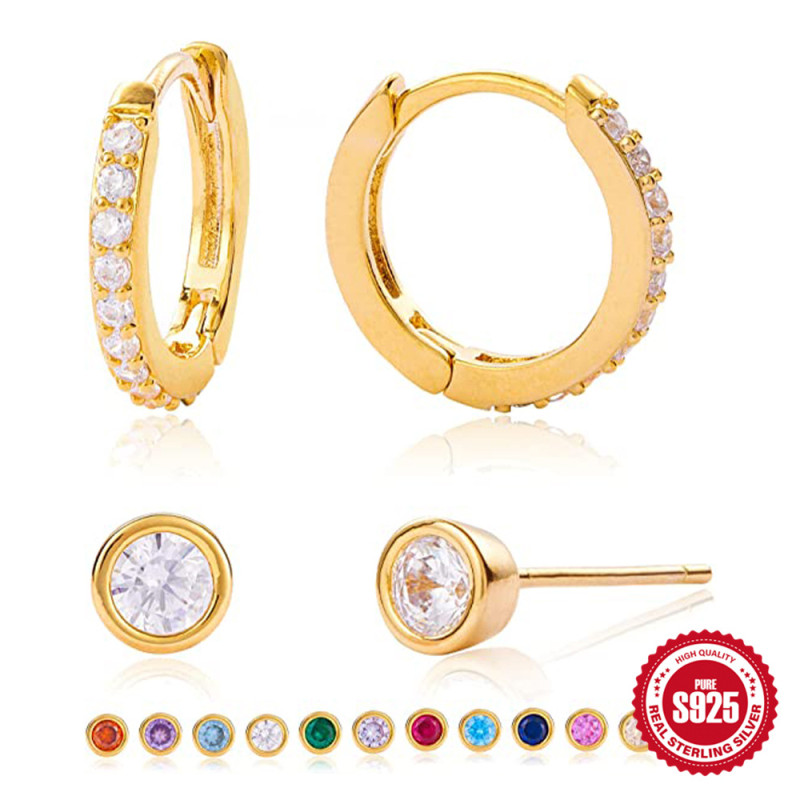 S925 Sterling Silver Earrings European and American Fashion Simple Ins Single Row Colorful Inlaid Diamond Ear Clips Ear Studs Earrings Combination Set