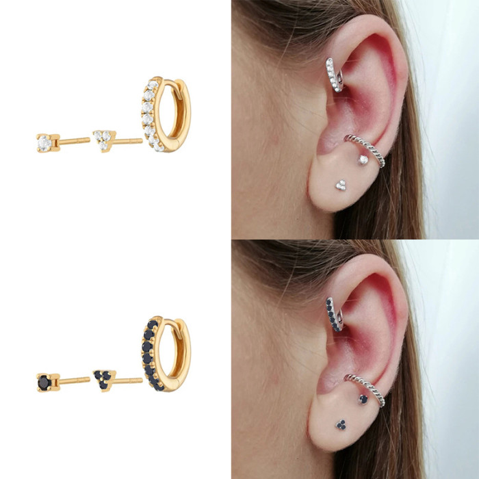 S925 Sterling Silver Diamond Trinity Combination Earrings Studs European and American Fashion Versatile Trendy INS Earrings Ear Clips
