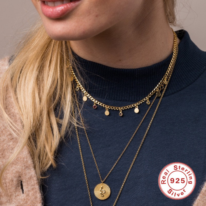 S925 Sterling Silver Round Pendant Snake Collarbone Chain Hot Selling Creative Style Personality Trendy Brand INS Nec...