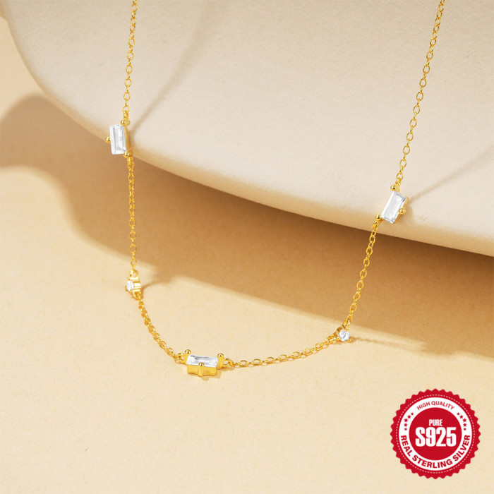 S925 Sterling Silver Geometric Square Super Sparkling Diamond Clavicle Necklace European and American Hot Selling French Style INS High-end Necklace