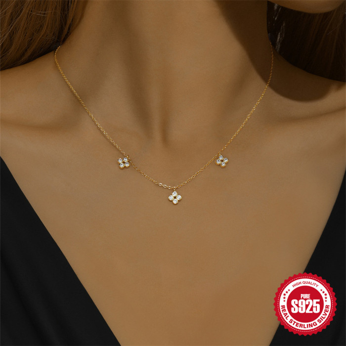 New S925 Sterling Silver Flower Clover Inlaid Zircon Necklace Korean Design Lucky Clover Stone-Inlaid Jewelry