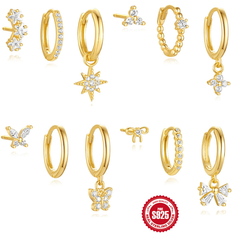 S925 Sterling Silver Classic Eight-Pointed Star Diamond-Studded Earrings Set European and American Cross-Border Hot-Selling Butterfly Versatile Hoop Earrings for Women
