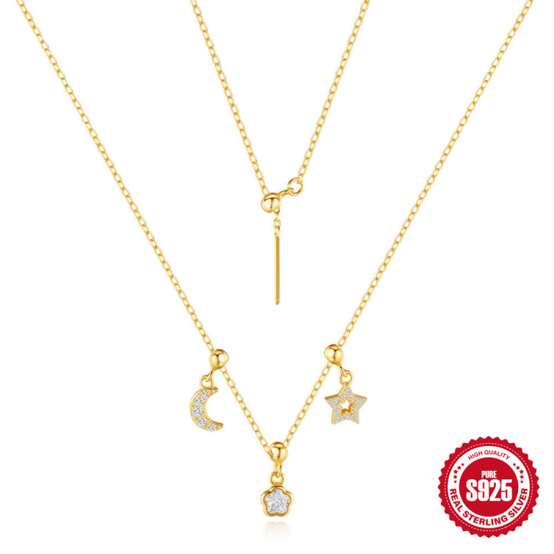 S925 Sterling Silver Exquisite Star Moon Multi-Wear Collarbone Chain European and American Hot Selling Diamond-Studded Adjustable Necklace