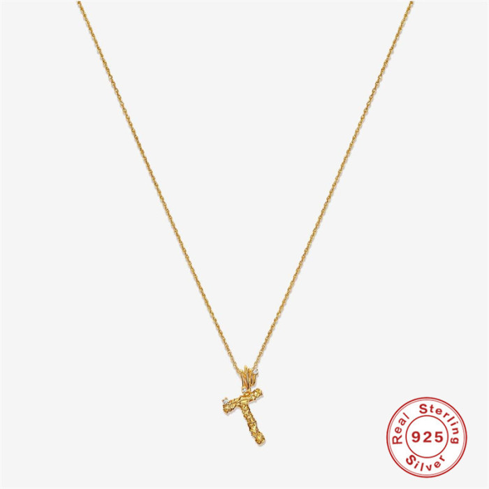 S925 Sterling Silver Irregular Texture 26 Letter Stone-Inlaid Initial Collarbone Necklace French Retro Necklace