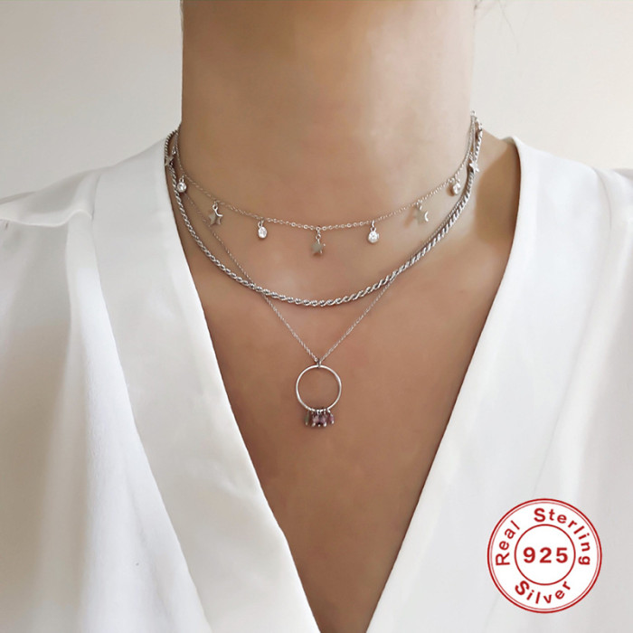 S925 Sterling Silver Star Single Diamond Layered Collarbone Chain Korean Fashion Design INS Light Luxury High-end Necklace