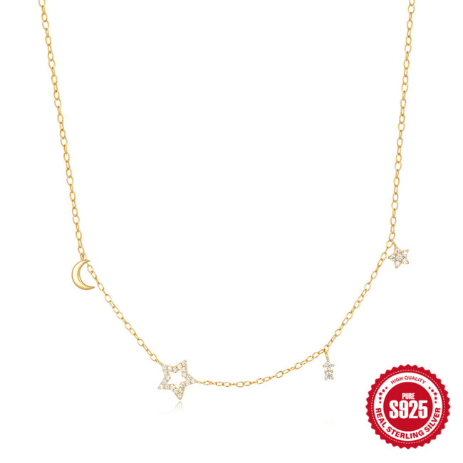 S925 Sterling Silver Star Moon Inlaid Diamond Layered Collarbone Necklace European and American Hot-Selling Elegant Versatile Ins Necklace Accessories
