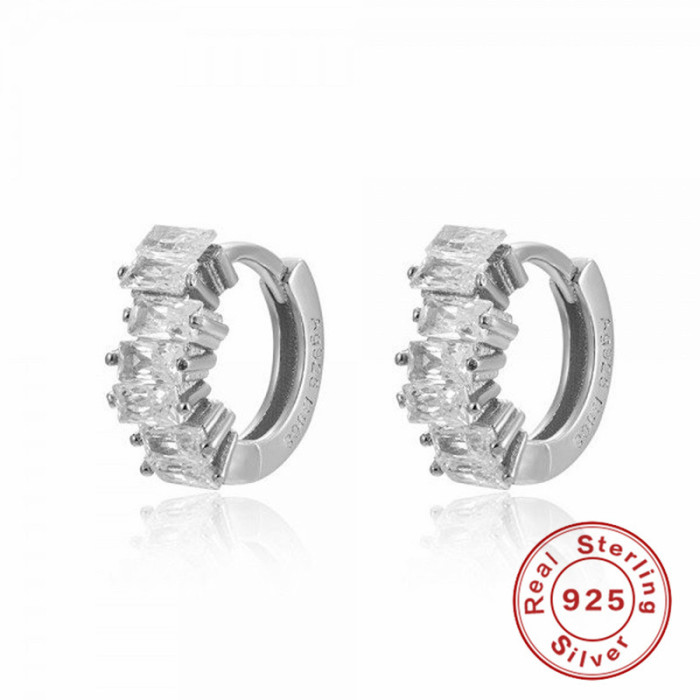 S925 Sterling Silver Inlaid Rectangular Zircon Earrings Versatile Ins Style Ear Cuff Simple Earrings Huggie