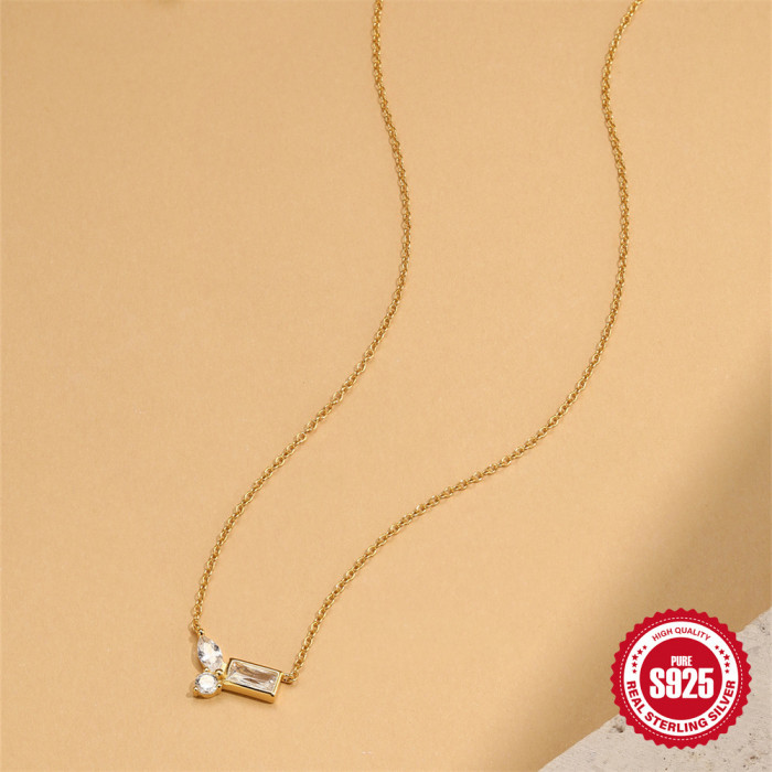S925 Sterling Silver Geometric Horse Eye Square Stone-Inlaid Versatile Necklace for Women Korean Version Niche High...