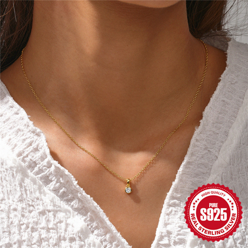 New 925 Sterling Silver Classic Round Bezel Inlaid Zircon Necklace Earrings Versatile Set European and American Hot-Selling Jewelry