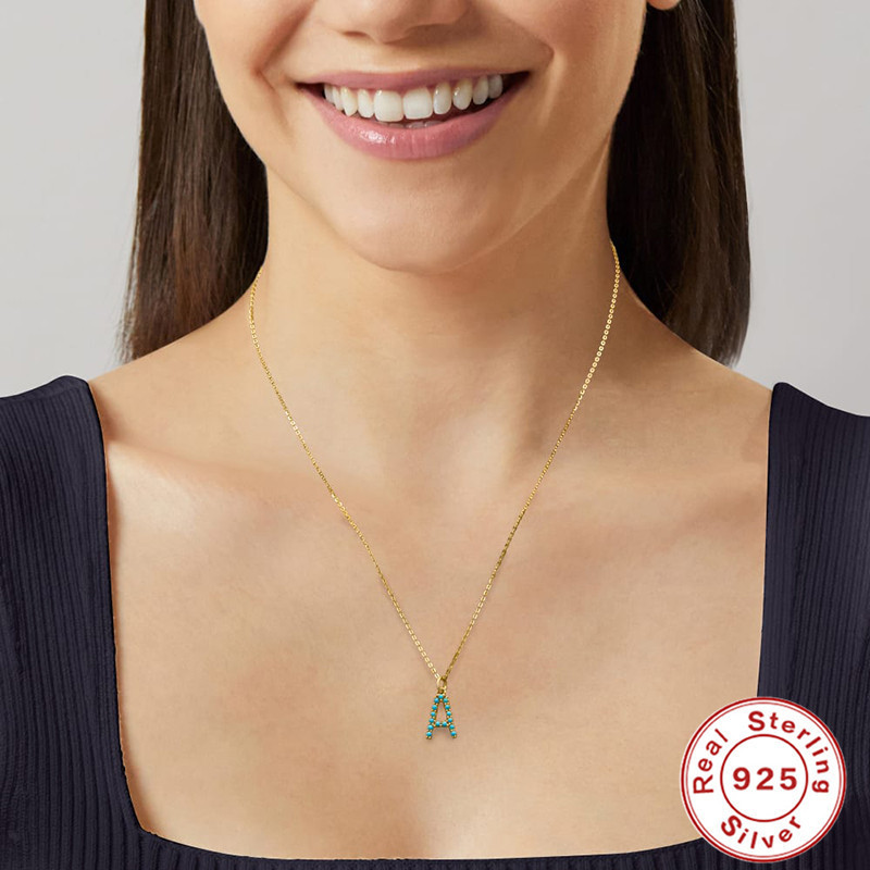 S925 Sterling Silver 26 Letter Necklace European and American Style High-end Natural Turquoise Initial Letter Necklace Collarbone Chain
