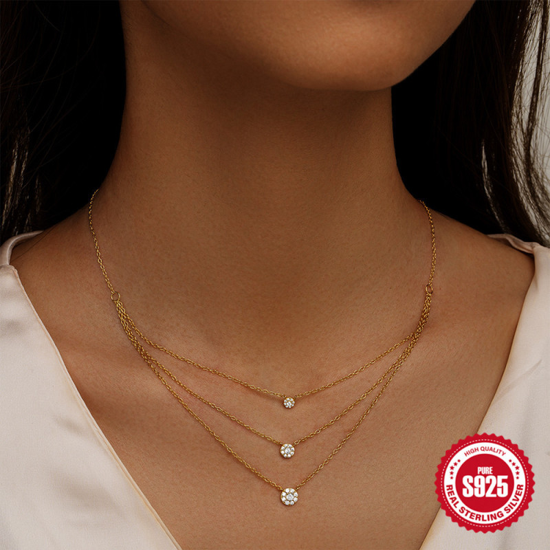 New S925 Sterling Silver Round Full Diamond Three-Layer Stacked Collarbone Chain European and American Hot-Selling Light Luxury Elegant Versatile Necklace for Women