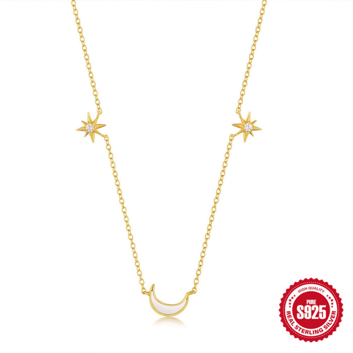 S925 Sterling Silver Stackable Star Moon Versatile Necklace European and American Hot-Selling Classic Elegant Diamond-Studded Enamel Collarbone Chain