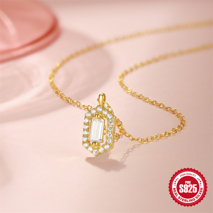 S925 Sterling Silver Fashion Versatile Edged Rhombus Rectangle Inlaid Diamond Necklace for Women European and American French Style Light Luxury Collarbone Chain
