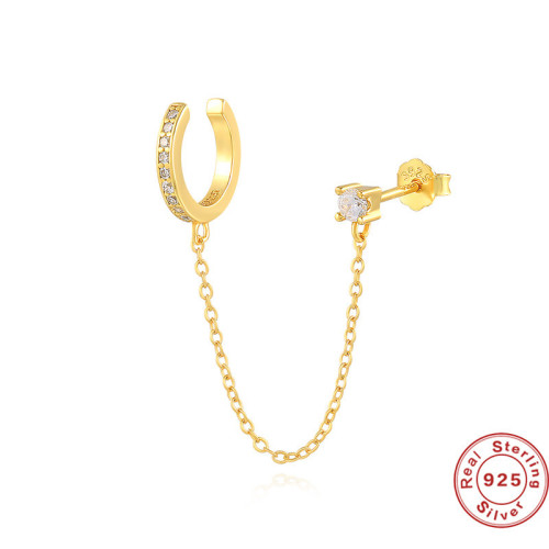 S925 Sterling Silver Single Row Diamond-Studded Non-Pierced Ear Clip Tassel Single Diamond Stud Earrings Creative Personality Trendy Ear Cuff Earrings