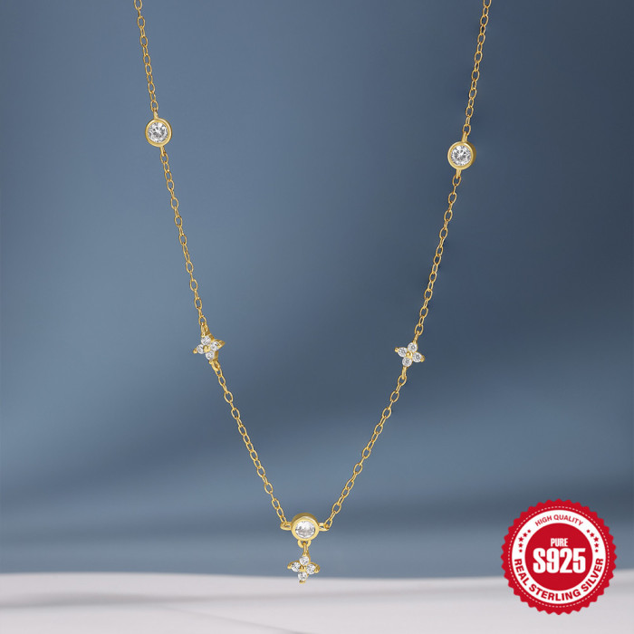 S925 Sterling Silver Flower Inlaid Diamond Layered Collarbone Necklace for Women, European and American Cross-Border Hot-Selling Elegant Versatile Jewelry
