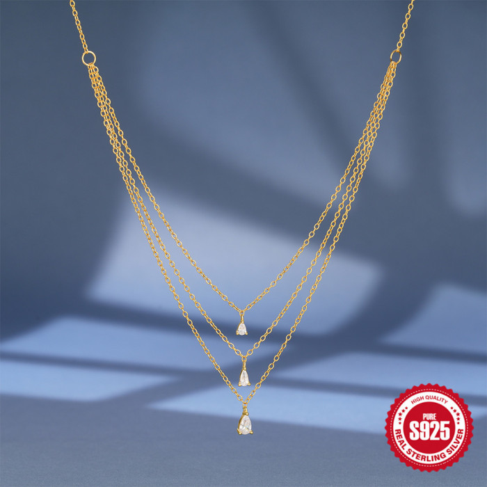 New S925 Sterling Silver High-End Water Drop Inlaid Diamond Three-Layer Stacking Necklace for Women, European and American Hot-Selling Elegant Versatile Collarbone Chain