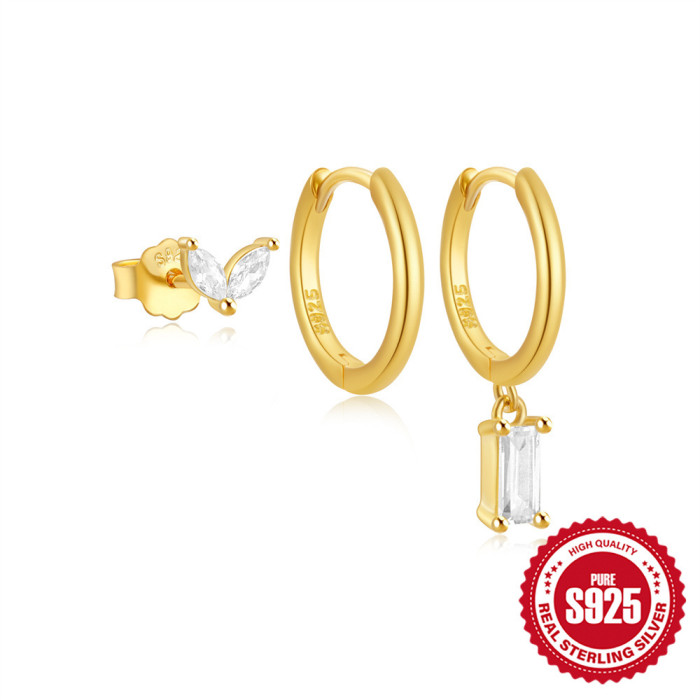 S925 Sterling Silver Daily Matching Stone-Encrusted Irregular Hoop Earrings Set Women's Hot-Selling Classic Stud Ea...