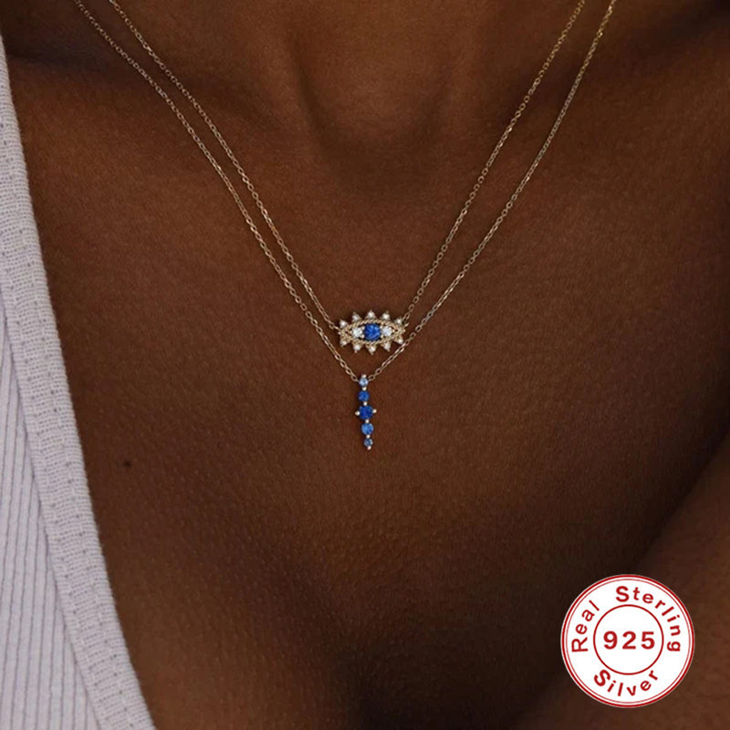 S925 Sterling Silver Versatile Personality Marquise Blue Sapphire Fan-shaped Necklace Long One-word Pendant Noble Eye-catching Collarbone Chain