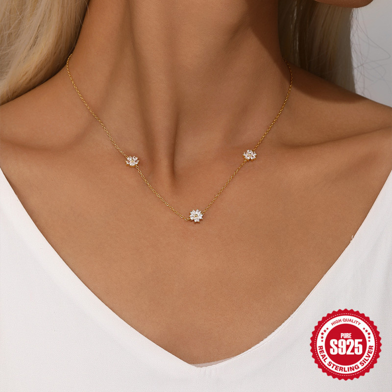 S925 Sterling Silver Heart Diamond Inlaid Five-Petal Flower Element Necklace European and American Cross-Border Hot-Selling Elegant Summer Versatile Collarbone Chain
