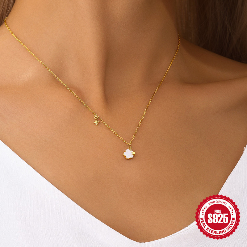 New S925 Sterling Silver Five-Petal Flower White Shell Starry Sky Claw Inlaid Elegant Necklace Korean and Japanese Niche Design Sense Collarbone Chain for Women