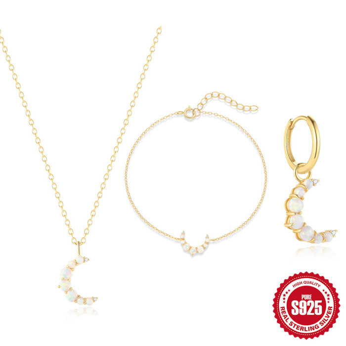 S925 Sterling Silver Inlaid Diamond Opal Moon Necklace Bracelet Earrings Set New European and American Hot-Selling High-End Jewelry Set