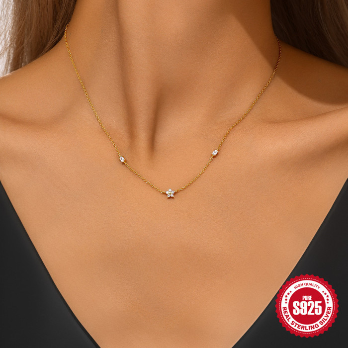 S925 Sterling Silver Exquisite Dazzling Five-Petal Flower Star Layered Collarbone Chain European and American Cross-Border Hot-Selling Diamond-Encrusted High-End Necklace