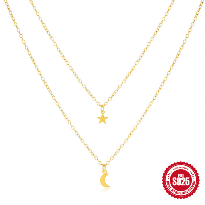New 925 Sterling Silver Double Layer Stacked Star Moon Daily Matching Necklace European and American Hot Selling INS Niche Clavicle Chain