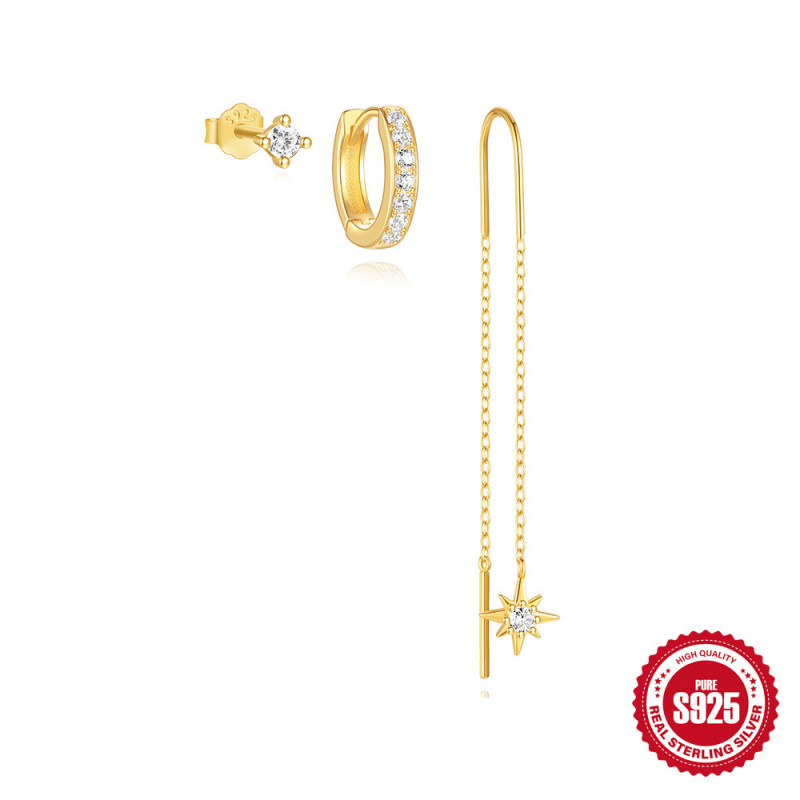 S925 Sterling Silver Chain Star Eight-Pointed Star Earrings Zircon Hoop Elegant Artistic Long Earrings Stud Earrings Set