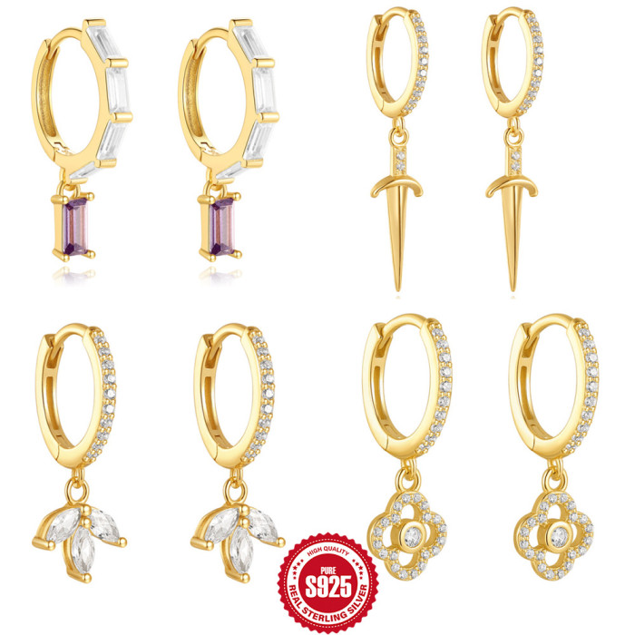 S925 Sterling Silver Dagger Flower Zircon Earrings Ear Hooks Ear Clips Ear Hoops Earrings for Women European and American Hot Selling Geometric High-end Ear Jewelry