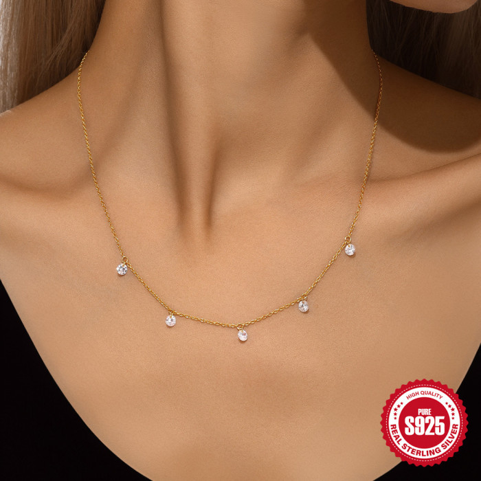 S925 Sterling Silver Inlaid Round Stone Versatile Necklace Bracelet Earrings Jewelry Set Amazon Hot-Selling Niche E...