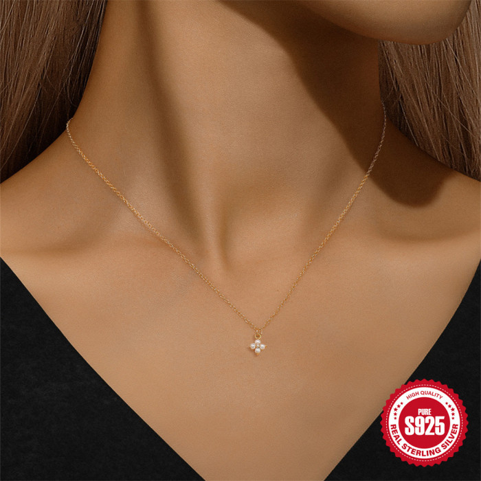 New S925 Sterling Silver Four-Leaf Clover Exquisite Diamond-Studded Pearl Necklace Bracelet Set Korean Version Niche...