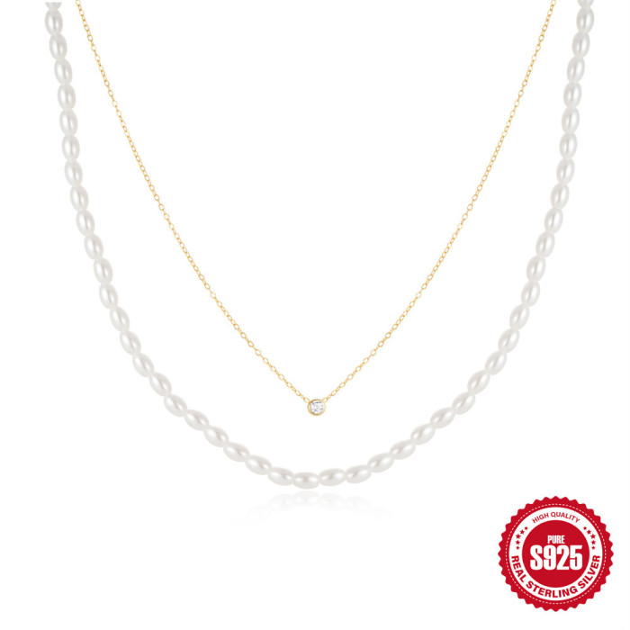 S925 Sterling Silver Vintage Round Zircon Pearl Elegant Necklace Korean and Japanese Style Simple Versatile Double Layer Collarbone Chain for Women