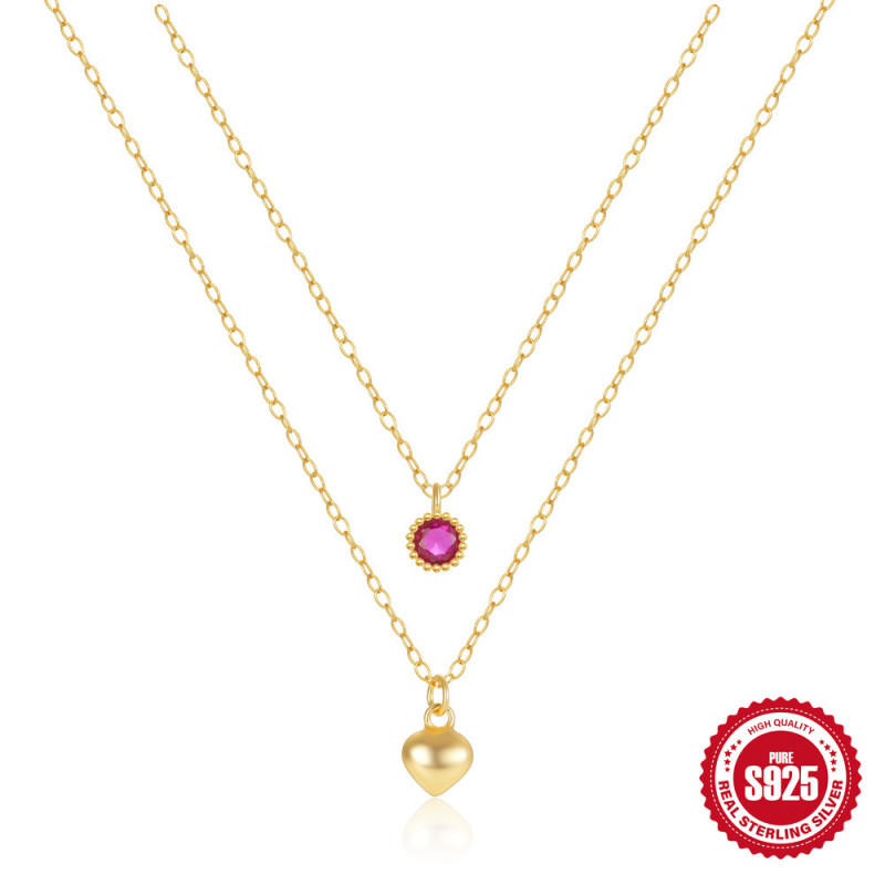 S925 Sterling Silver Double Layer Stacked Heart Diamond-Encrusted Women's Necklace European and American Style Passionate Temperament Light Luxury High-End Clavicle Chain