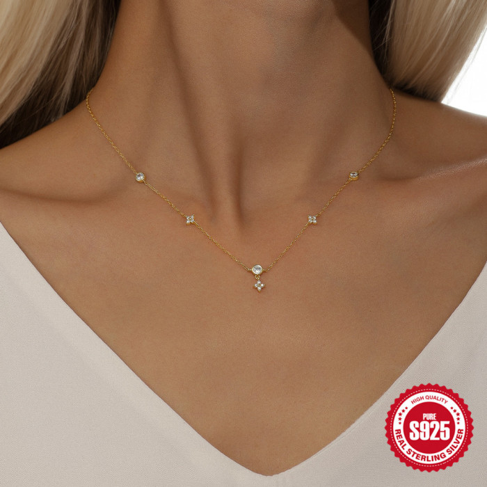 S925 Sterling Silver Flower Inlaid Diamond Layered Collarbone Necklace for Women, European and American Cross-Border Hot-Selling Elegant Versatile Jewelry
