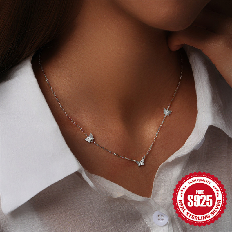 New 925 Sterling Silver Diamond-Studded Tassel Butterfly Collarbone Chain Necklace for Women, Korean and Japanese Style, Internet Celebrity Niche Design Jewelry
