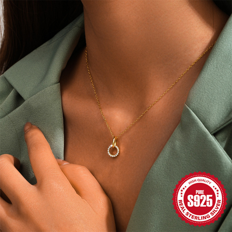 S925 Sterling Silver Light Luxury Interlocking Micro Inlaid Zirconia Clavicle Chain European and American Hot Selling New Round Personality Necklace for Women