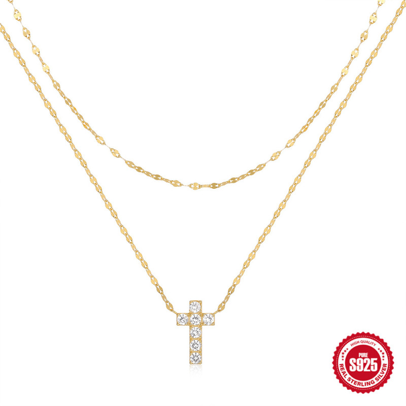 S925 Sterling Silver Double Layer Stacked Diamond Cross Necklace European and American Fashion Ins Style Street Style Trendy Collarbone Chain for Women