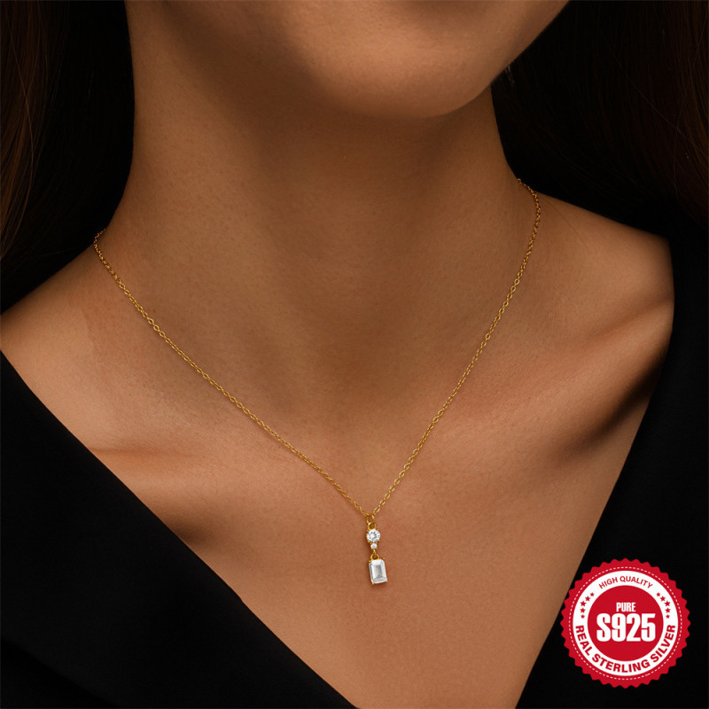 S925 Sterling Silver Super Flash Square Diamond Zircon Collarbone Necklace European and American French Style Simple Geometric Square Daily Wear Necklace