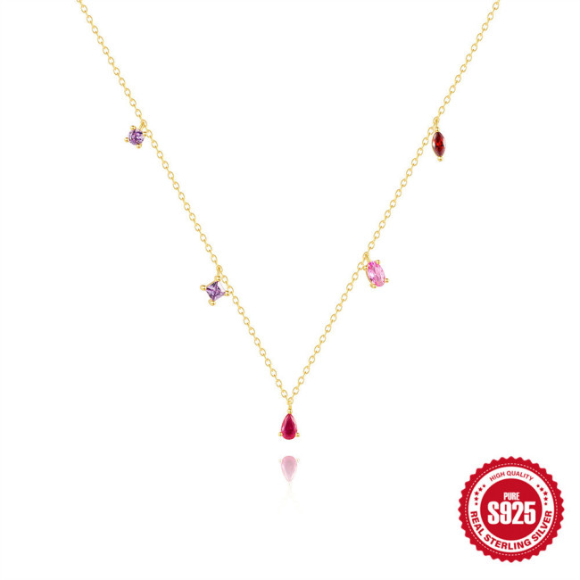 S925 Sterling Silver Geometric Water Drop Zircon Inlaid Diamond Pendant Collarbone Chain European and American Hot-Selling French Style Colorful Diamond Elegant Necklace