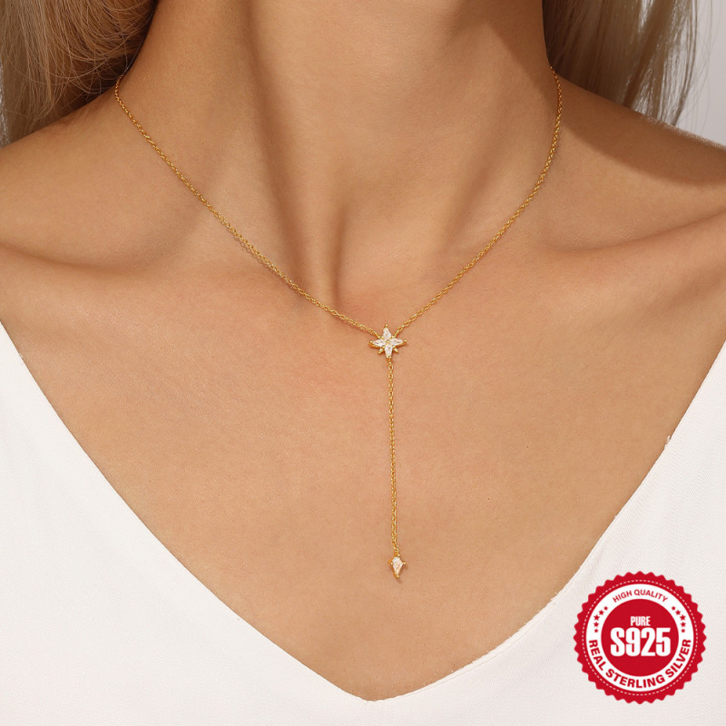 S925 Sterling Silver Inlaid Diamond Eight-Pointed Star Y-Shaped Pendant Collarbone Chain European and American Cross-Border Hot-Selling Rhombus Elegant Versatile Necklace