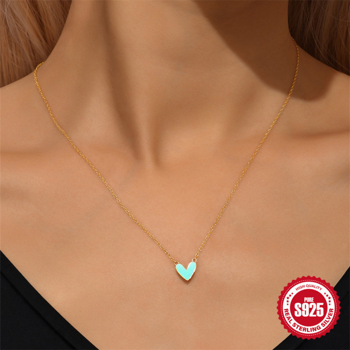 New S925 Sterling Silver Heart Oil Drop Necklace for Women, European and American Hot-Selling French Style, High-End Design Fashion Collarbone Chain