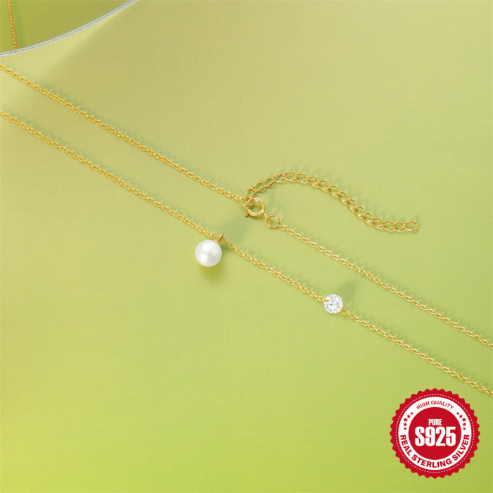 S925 Sterling Silver Single Diamond Inlaid Pearl Elegant French Style Collarbone Chain European and American Cross-Border Hot-Selling Niche High-End Necklace
