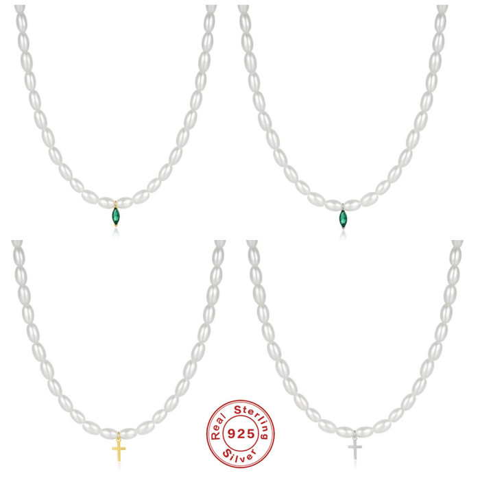 New 925 Sterling Silver Small Pearl Choker with Diamond Inlay Collarbone Chain European and American Hot-Selling French Cross Necklace