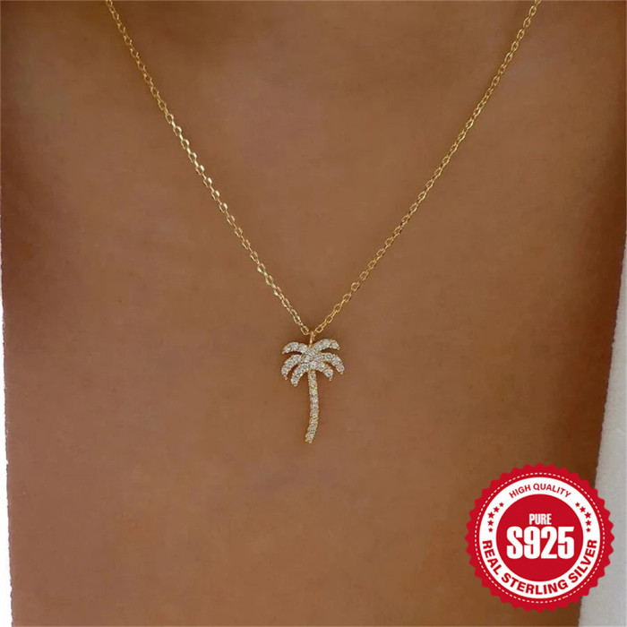 S925 Sterling Silver Creative Coconut Tree Inlaid Diamond Pendant Necklace European and American Cross-Border Hot Selling Light Luxury Design Versatile Collarbone Chain