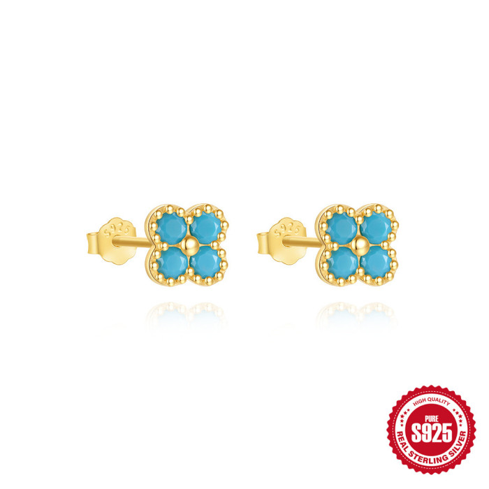 S925 Sterling Silver Petal Inlaid Diamond Turquoise Necklace Earrings Ring Set Simple Niche High-end Accessories Set,...