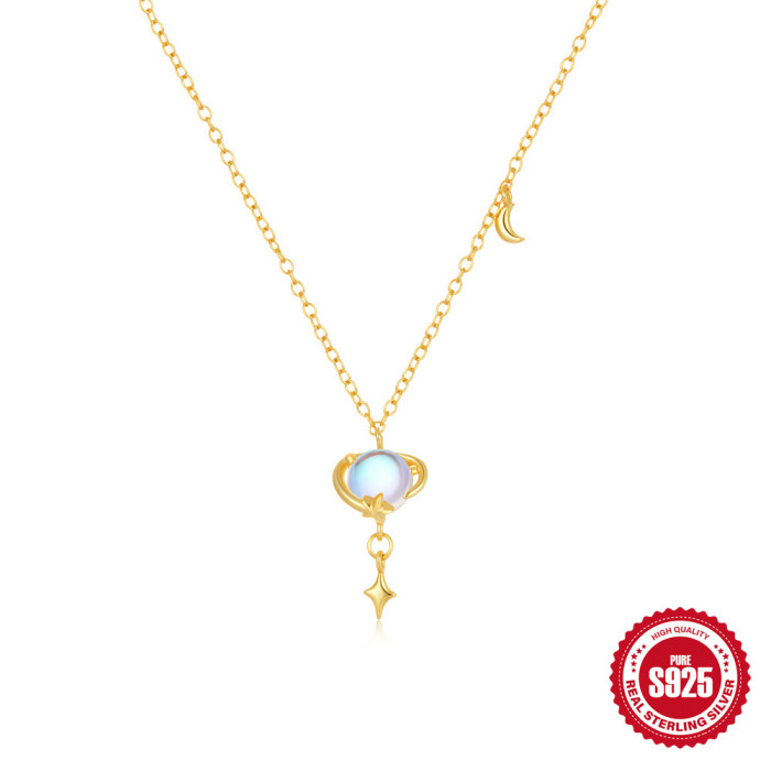 S925 Sterling Silver Planet Moonstone Elegant High-end Necklace and Earring Set European and American Hot-selling Diamond-studded Moon Earrings for Women