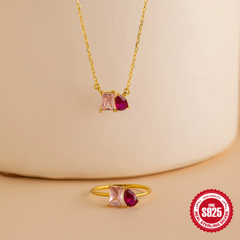 S925 Sterling Silver Versatile Square Zircon Water Drop Colorful Inlaid Sweet Necklace Ring Set European and American Hot-Selling Jewelry