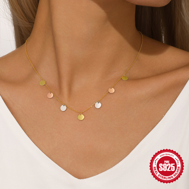 New S925 Sterling Silver Shiny Dazzling Round Disc Collarbone Chain for Women, European and American Cross-Border Hot-Selling Three-Color Elegant Versatile Necklace